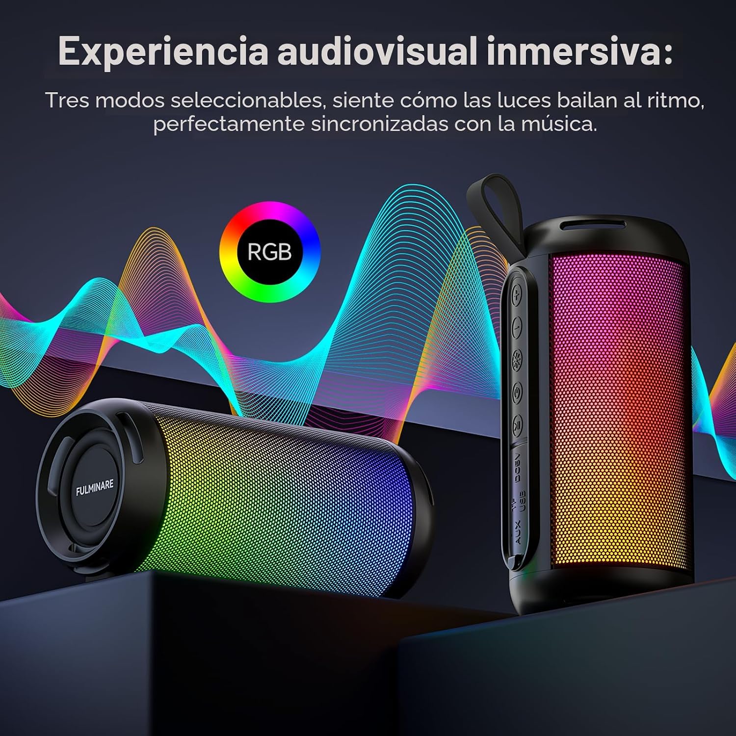 PARLANTE BLUETOOTH PORTÁTIL FULMINARE 16H — IPX5 CON LUCES RGB - Imagen 8
