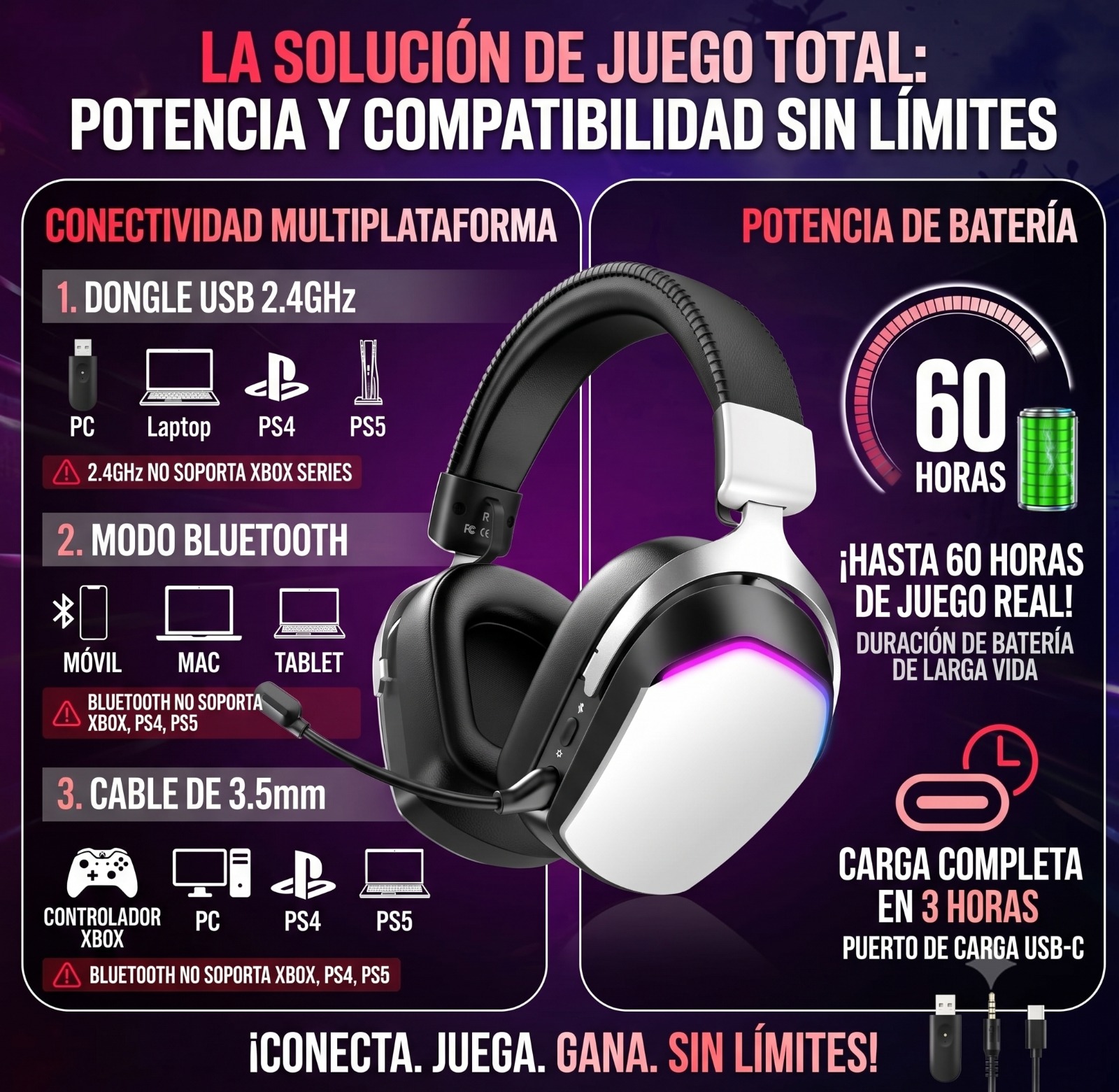 Audífonos gamer inalámbricos con conectividad 2.4GHz, Bluetooth y cable de 3.5 mm