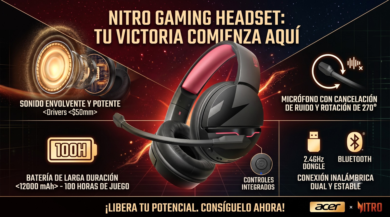 Diadema gamer Acer Nitro negra y roja con micrófono abatible