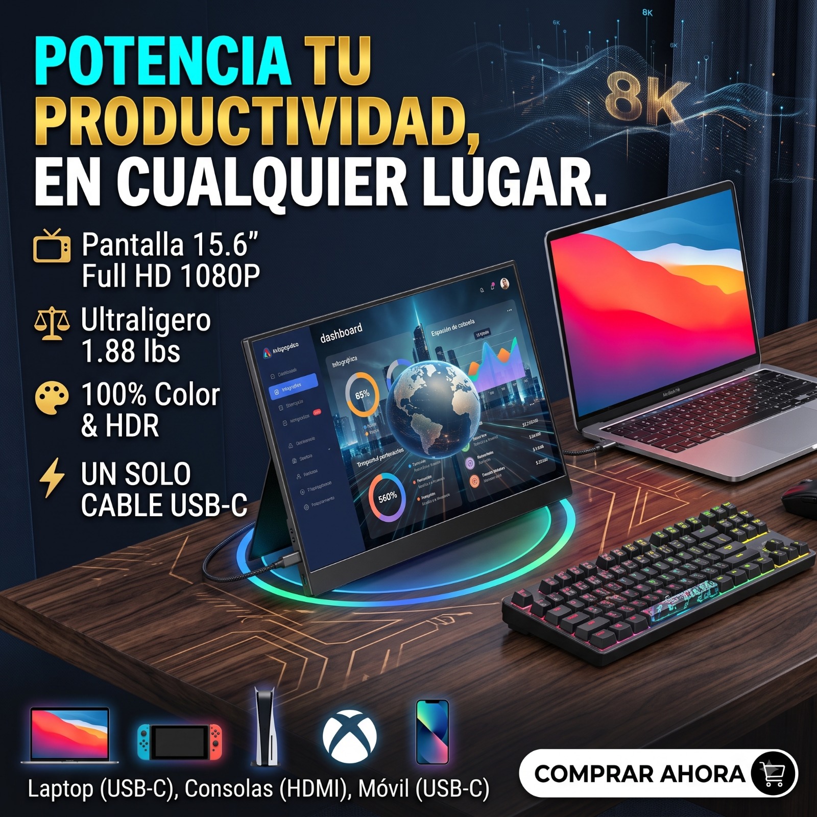 Monitor portátil de 15.6 pulgadas conectado por USB-C a un portátil