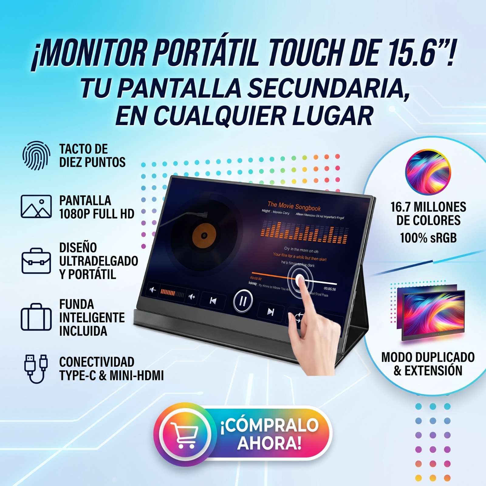 Monitor portátil táctil de 15.6 pulgadas con funda inteligente incluida