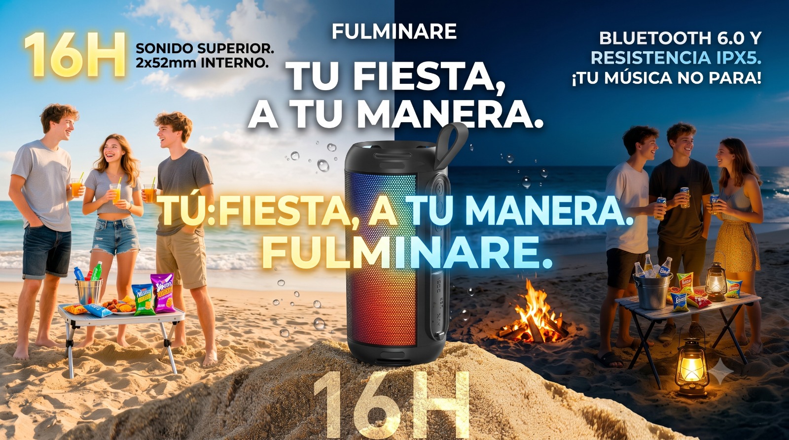 Parlante Bluetooth portátil Fulminare con iluminación RGB en la playa